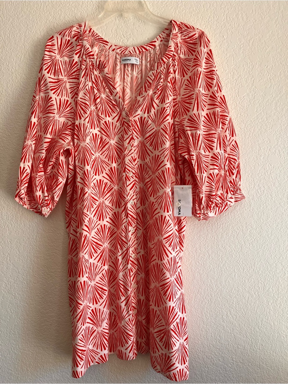 Red & Cream Patterned Midi Dress PXXL 3/4 Sleeves Elastic Button Cotton